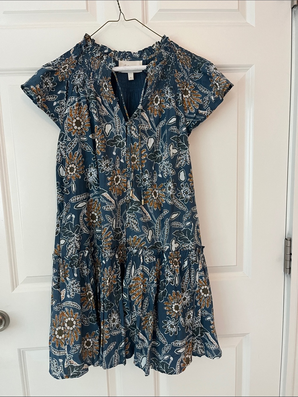 Cleobella Teal Blue Floral Smocked Neck Short Sleeve Dress